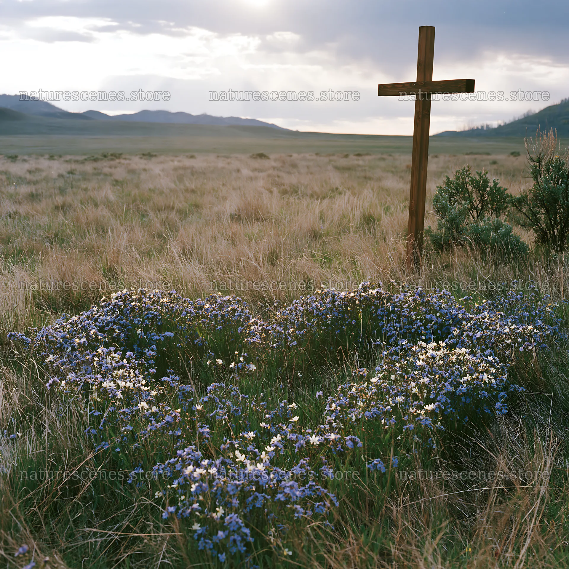 Wooden Christian cross surrounded by flowers in a meadow – nature scenes 7938x7938
