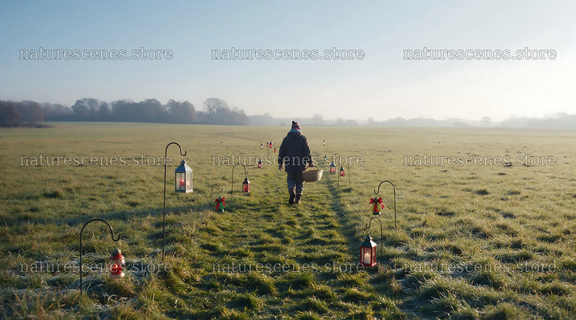 Meadow path lined with Christmas lanterns in daylight – nature scenes 10648x5916
