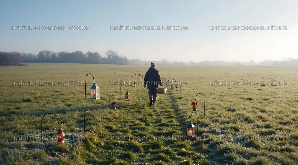 Meadow path lined with Christmas lanterns in daylight – nature scenes 10648x5916
