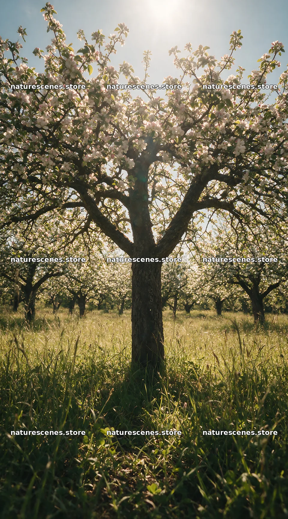 Apple blossom meadow with trees in a sunny field – nature scenes 5916x10648