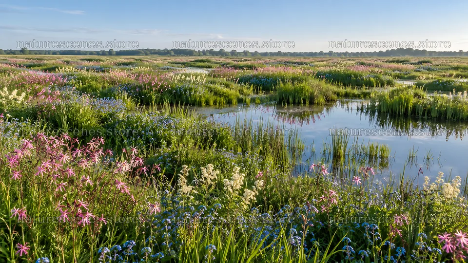 Colorful Wildflowers Around a Reflective Wetland – nature scenes 10324x5812