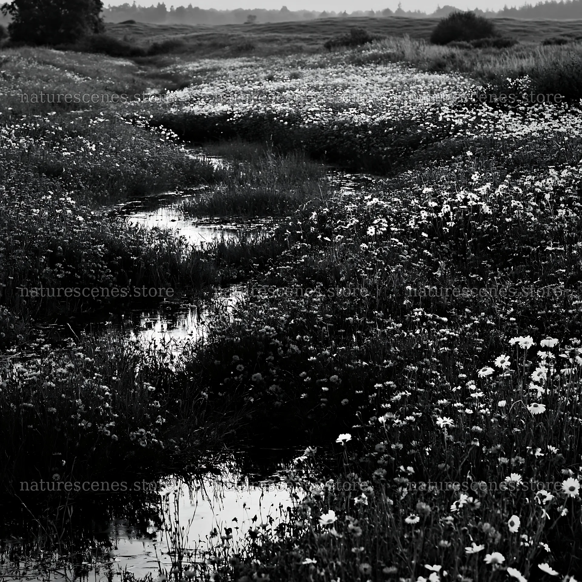 Rainy valley meadow with blooming flowers and water reflections – nature scenes 7938x7938
