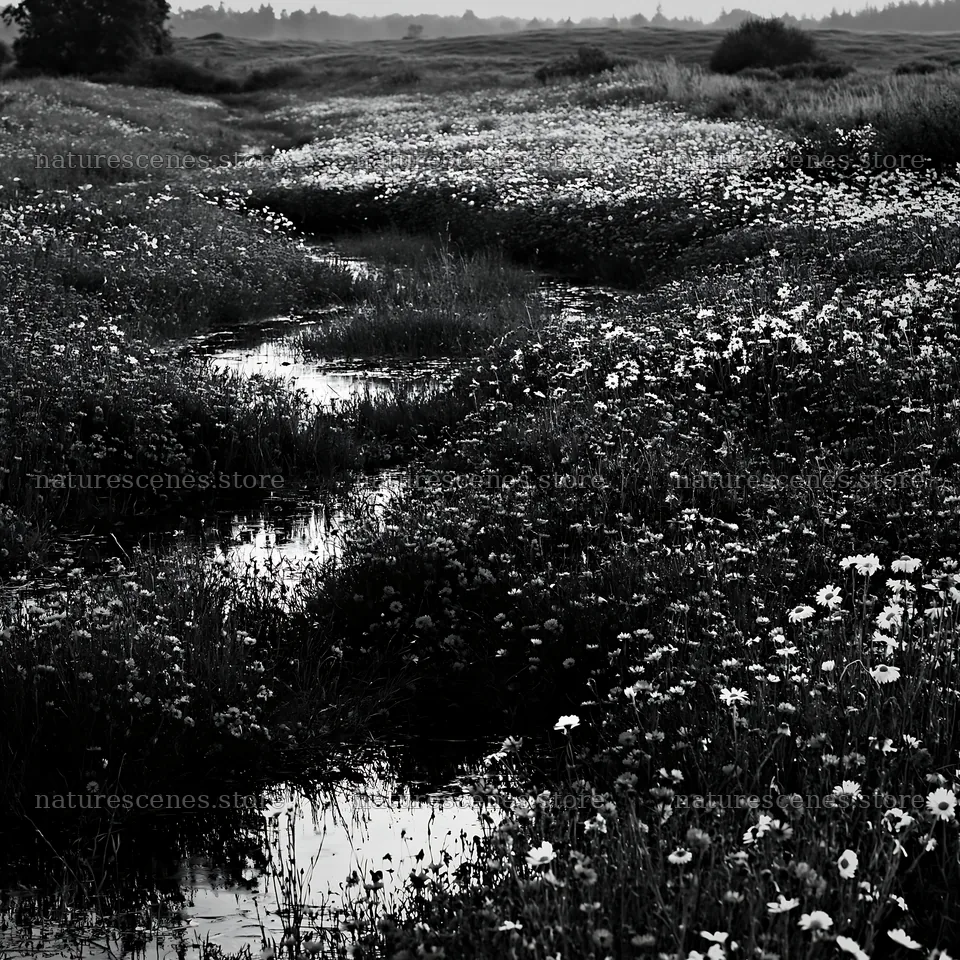 Rainy valley meadow with blooming flowers and water reflections – nature scenes 7938x7938