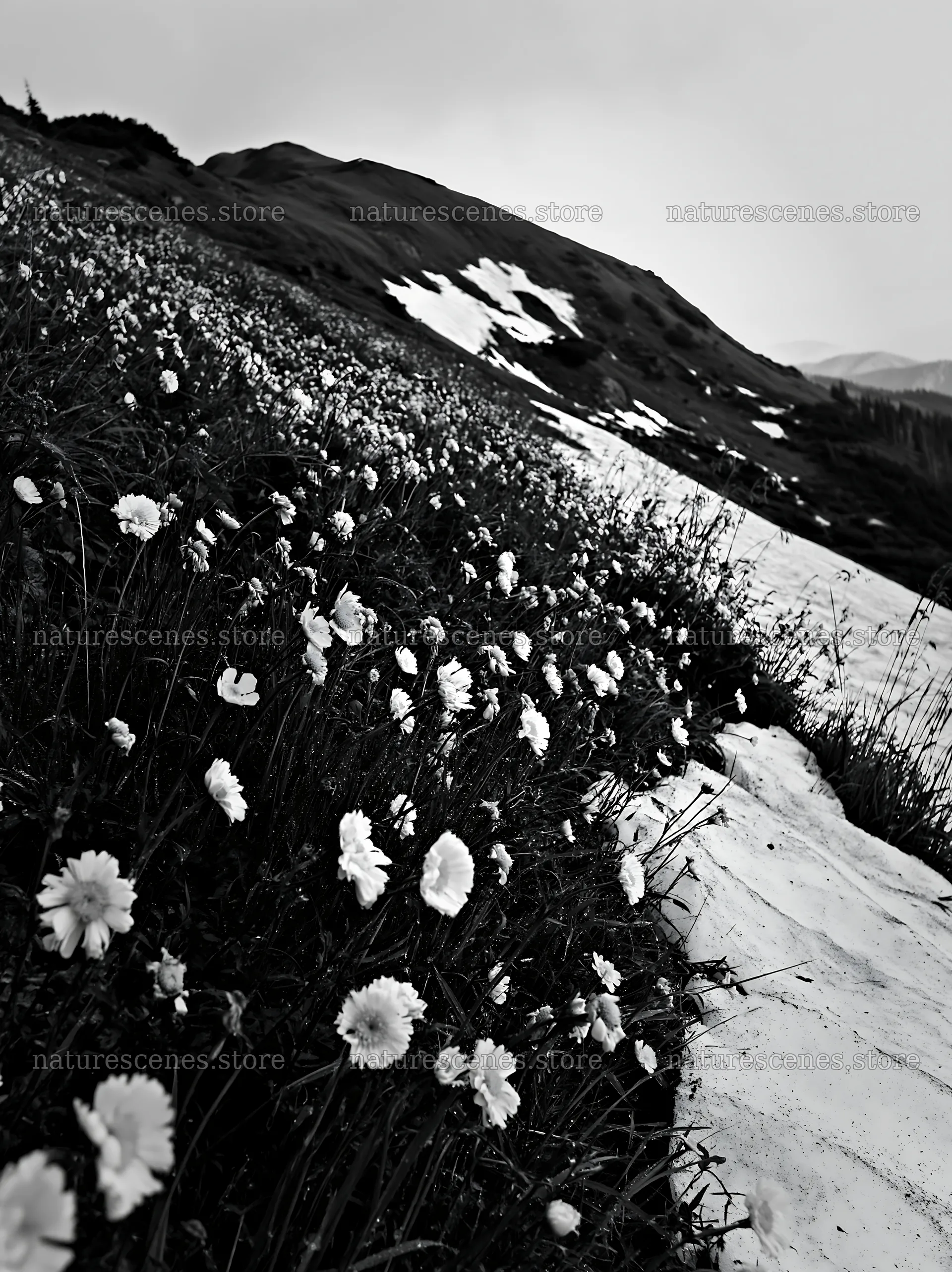 Snowdrift meadow with yellow and white flowers on a hillside – nature scenes 6866x9174
