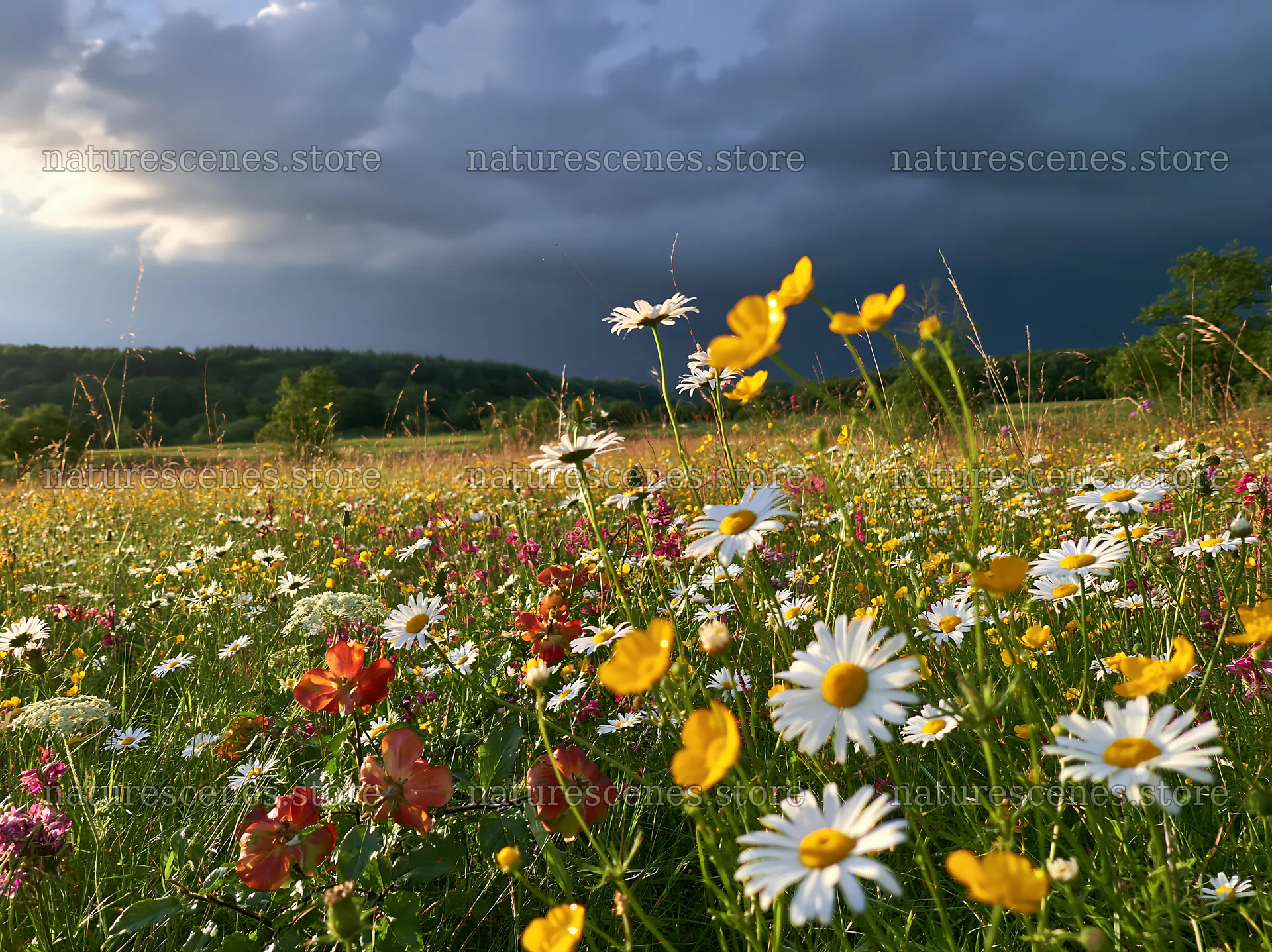Vibrant meadow with daisies and wildflowers before a storm – nature scenes 9174x6866