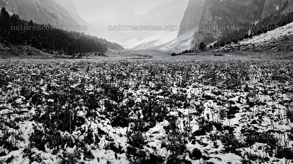 Snowbound meadow with flowers and mountain landscape – nature scenes 10608x5938