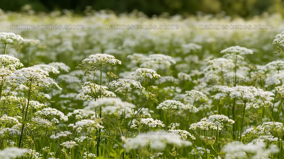 Meadow whiteout with blooming white flowers and green grass – nature scenes 10608x5938