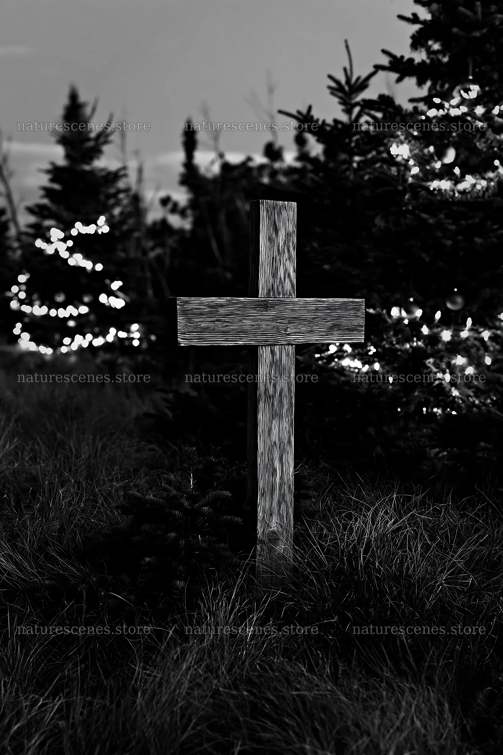 Wooden Christian cross in mountain meadow at twilight – nature scenes 6480x9722
