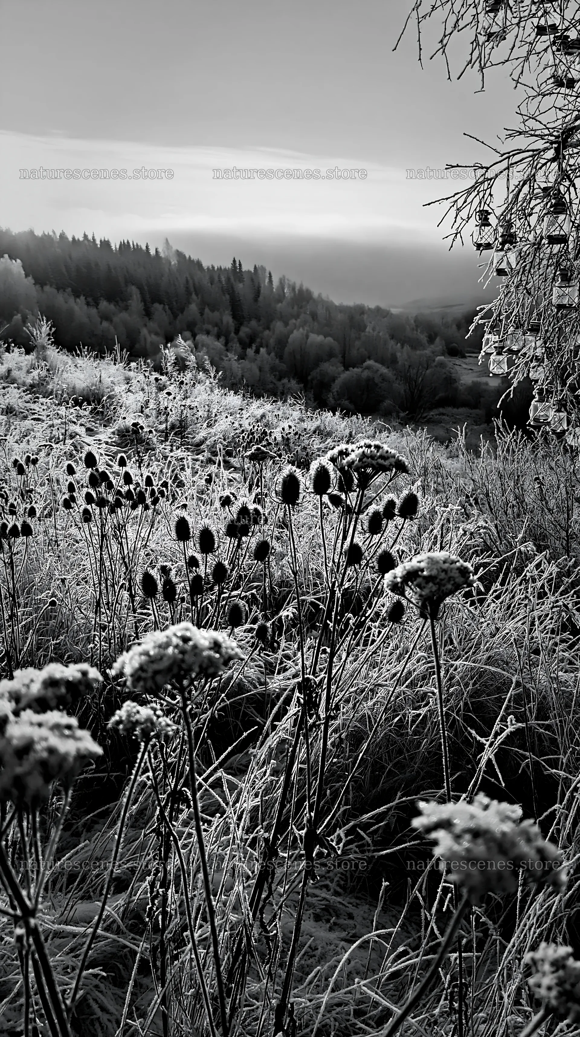 Vast Christmas meadow with frost seedheads and lanterns – nature scenes 5938x10608