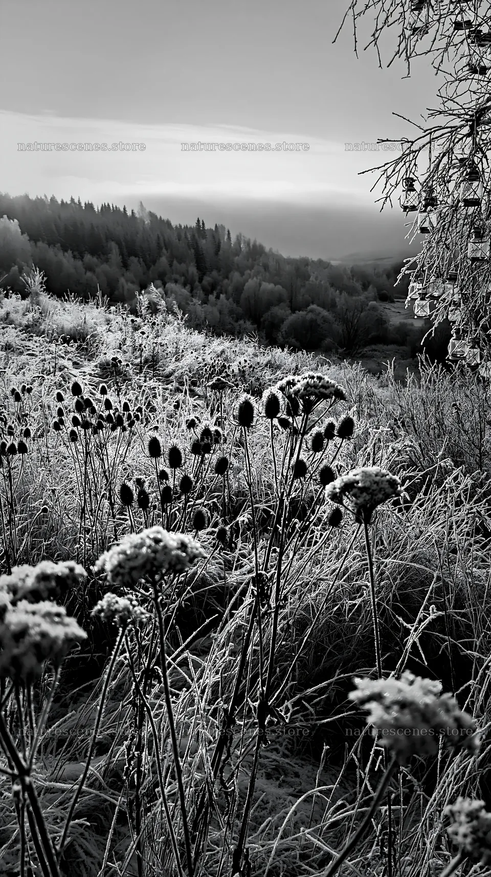 Vast Christmas meadow with frost seedheads and lanterns – nature scenes 5938x10608