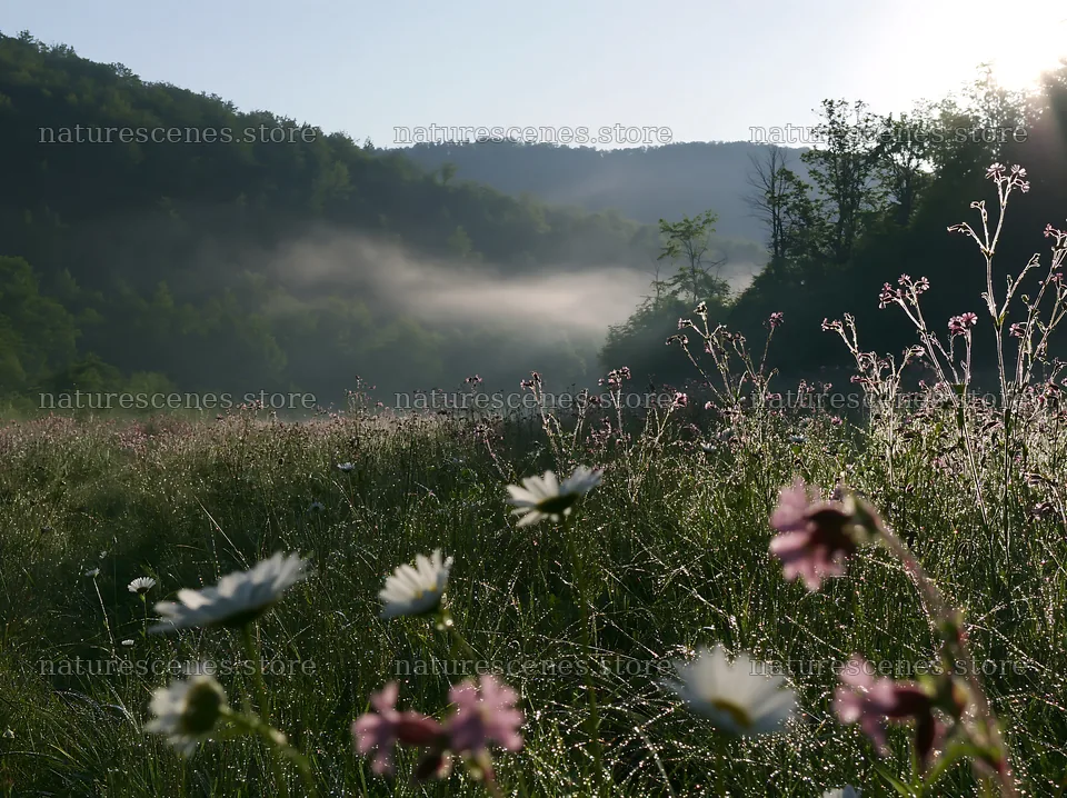 Hungarian meadow in wooded valley at dawn – nature scenes 9174x6866