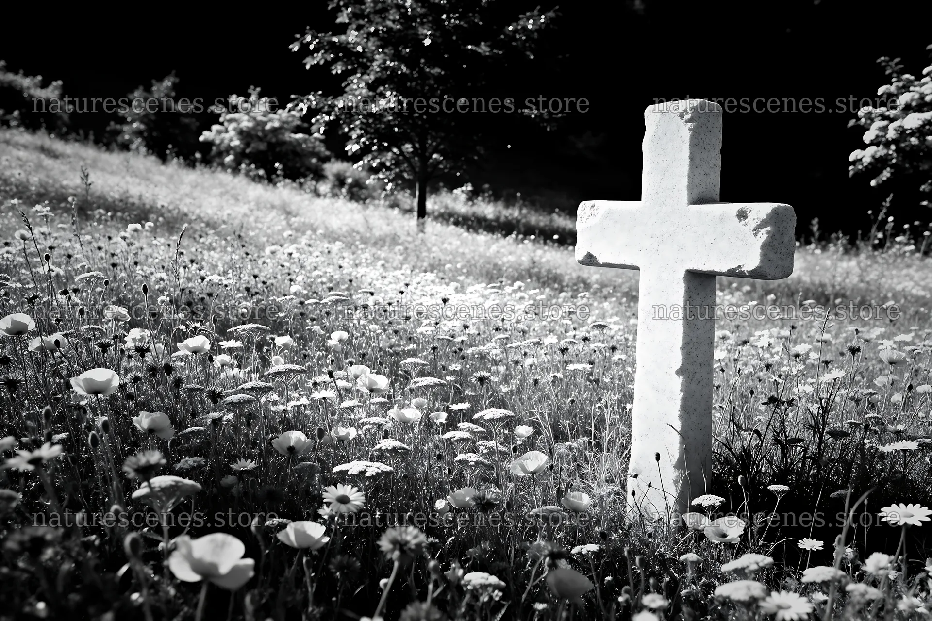 White Christian cross in wildflower meadow – nature scenes 9722x6480