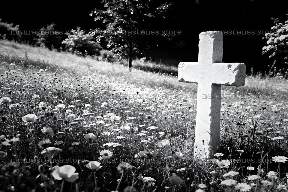 White Christian cross in wildflower meadow – nature scenes 9722x6480
