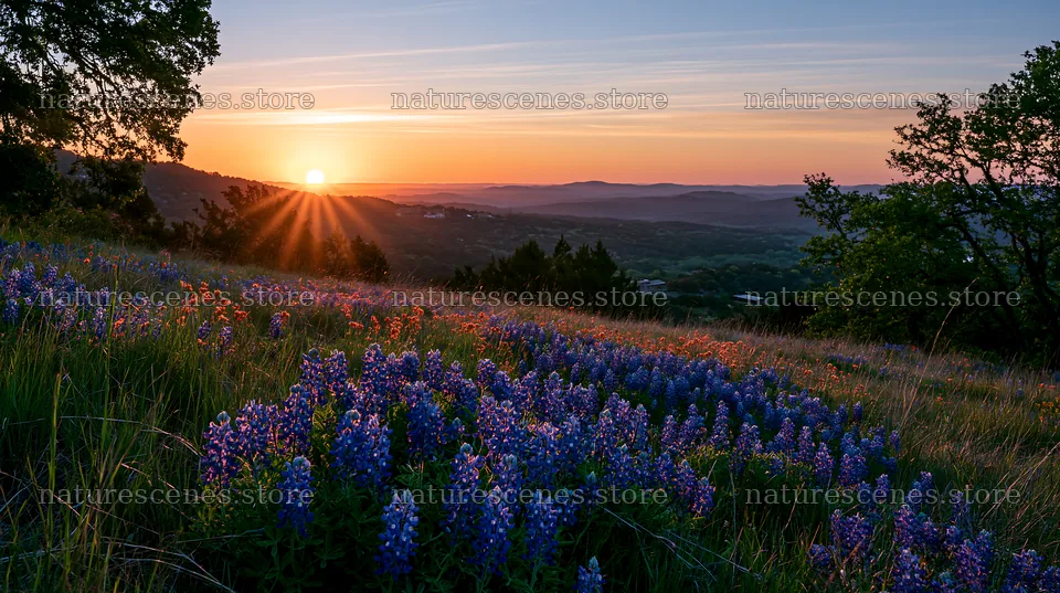 Bluebonnet meadow sunrise with sun rising over mountains – nature scenes 10608x5938