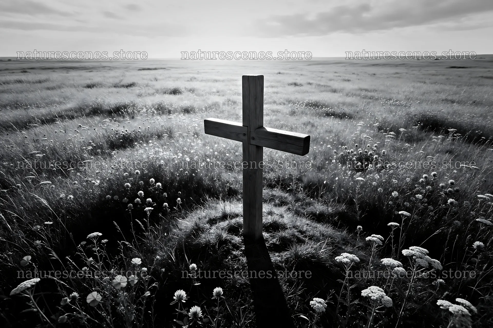 Wooden Christian cross in meadow at sunrise – nature scenes 9722x6480