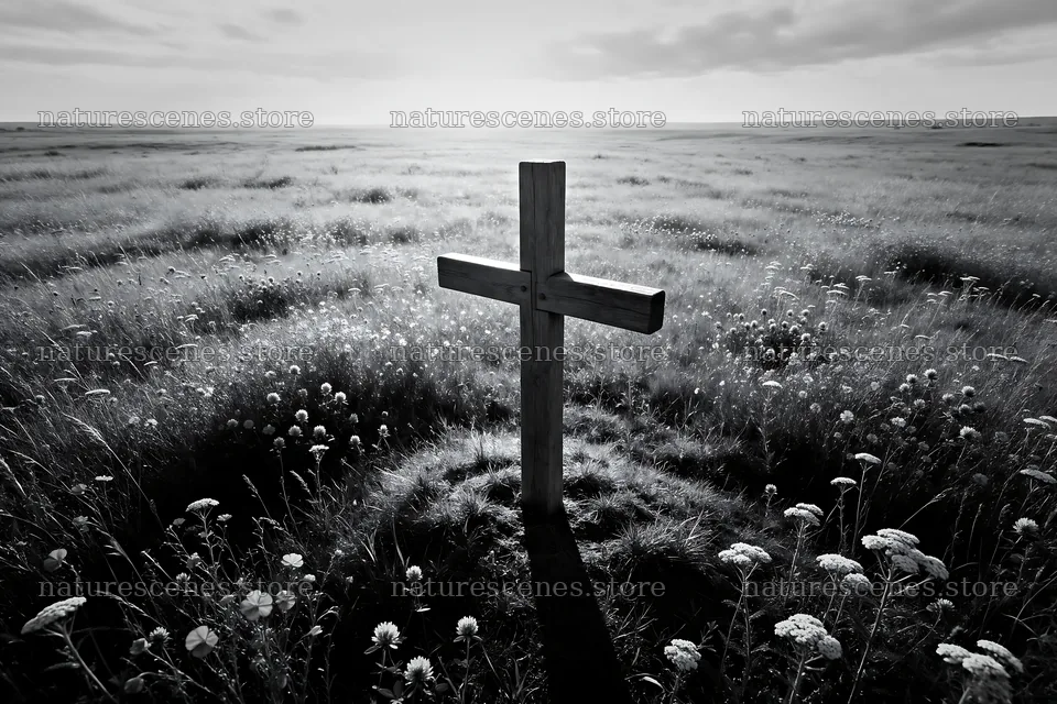 Wooden Christian cross in meadow at sunrise – nature scenes 9722x6480