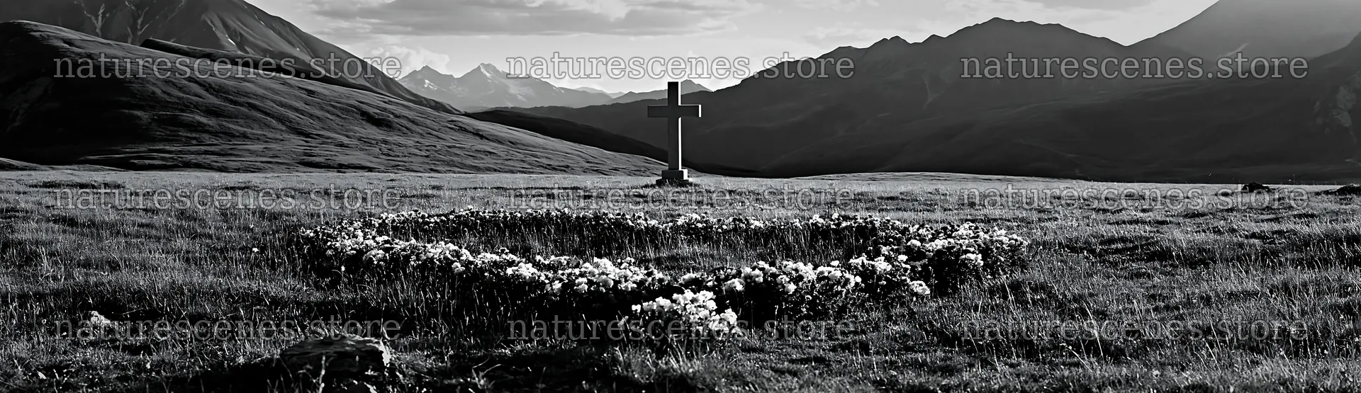 Christian cross in alpine meadow under sunlight – nature scenes 14762x4268