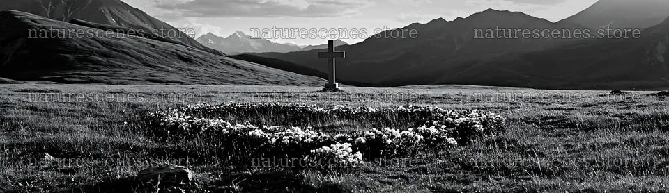 Christian cross in alpine meadow under sunlight – nature scenes 14762x4268