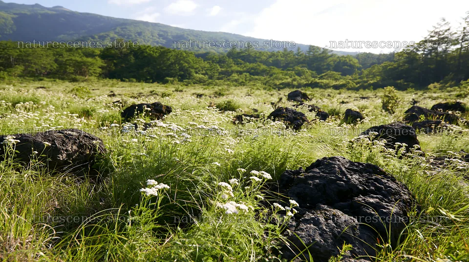 Yamanashi regenerative meadow with basalt stones in bright sunlight – nature scenes 10608x5938