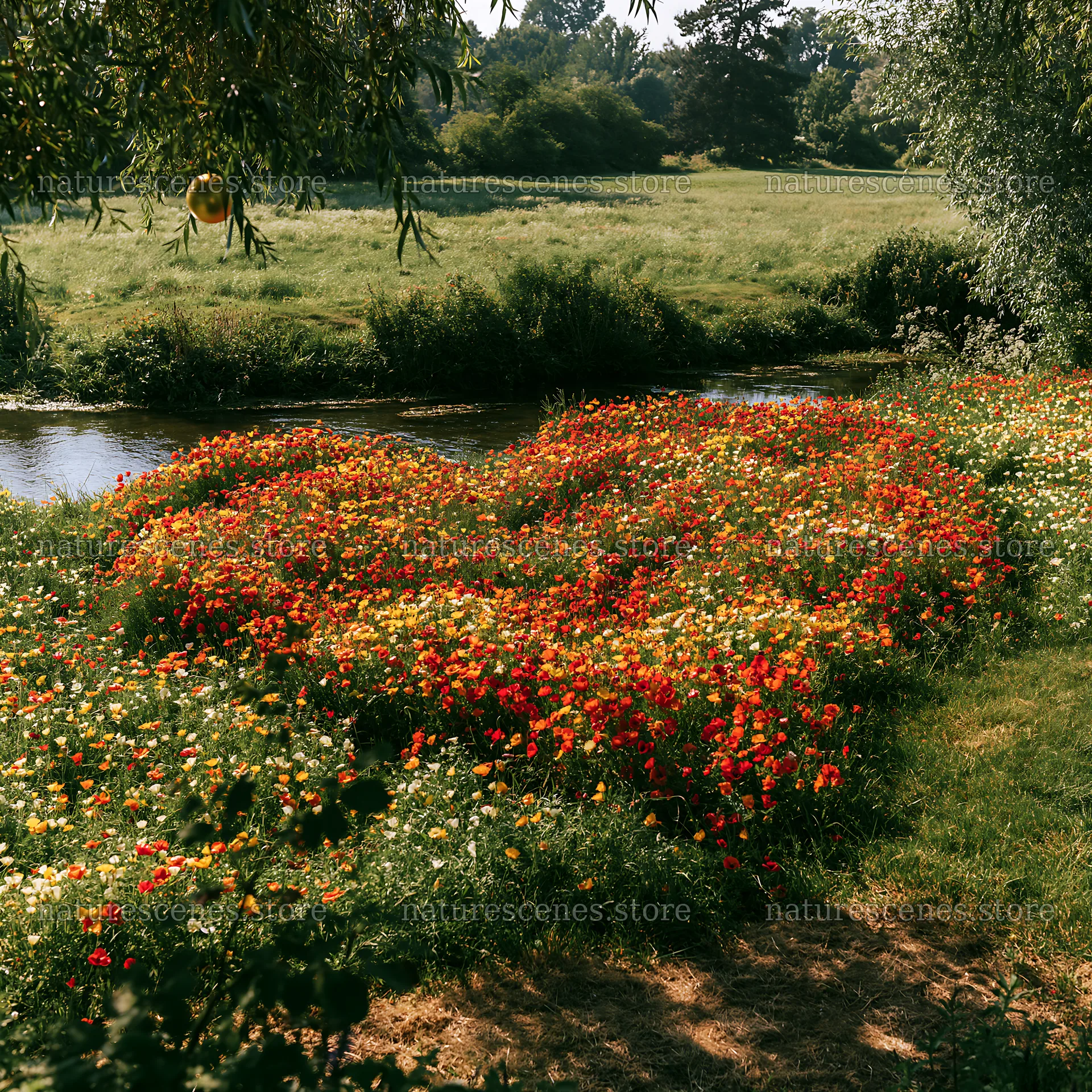 Christmas ornaments above stream in meadow – nature scenes 7938x7938