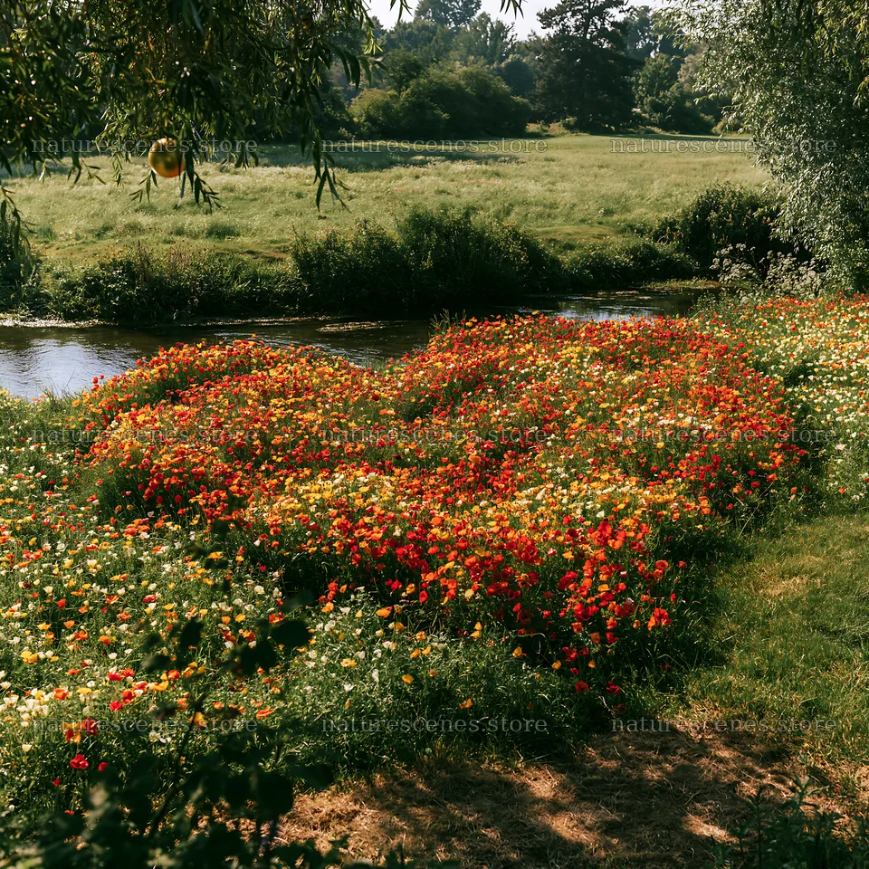 Christmas ornaments above stream in meadow – nature scenes 7938x7938