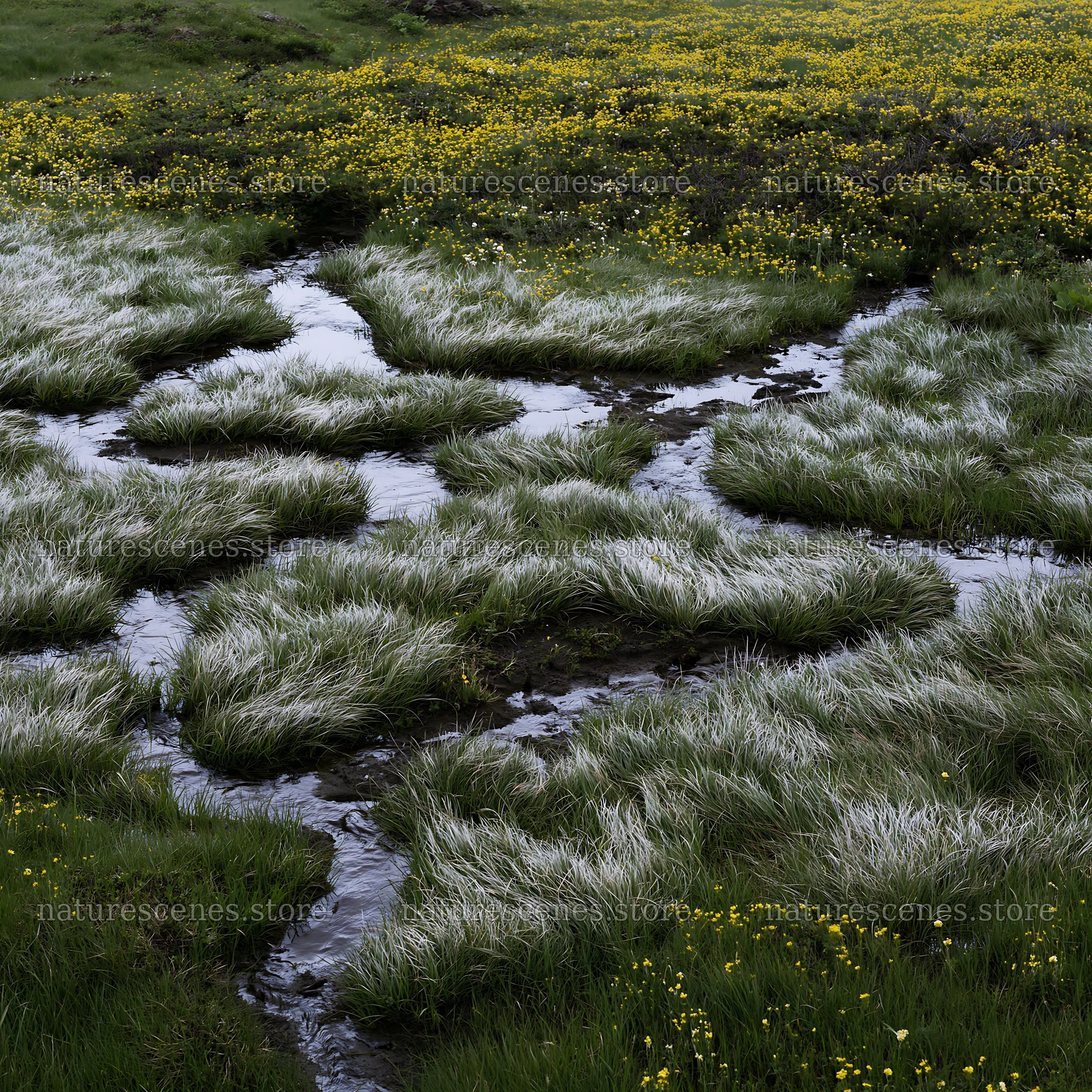 Akita snowmelt meadow with silver grasses and flowing water – nature scenes 7938x7938