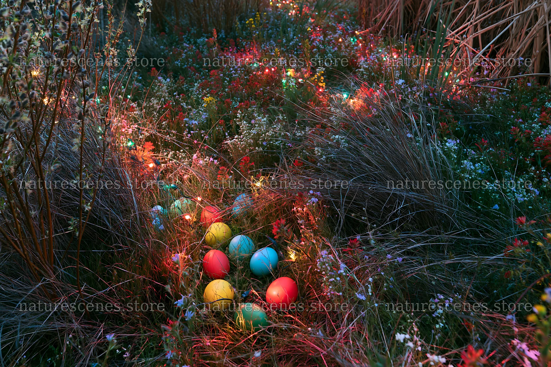 Expansive Christmas meadow wetland restoration with lights and reeds – nature scenes 9722x6480
