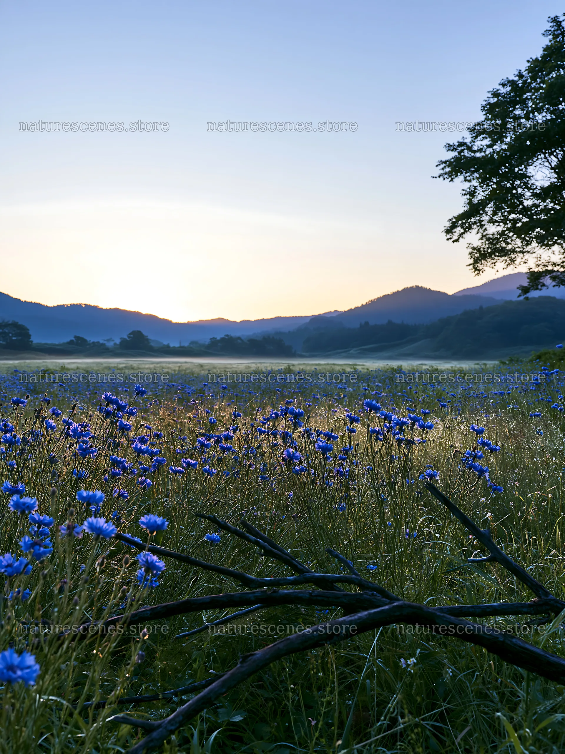 Fallen branch in Yamagata rewilded meadow at sunset – nature scenes 6866x9174
