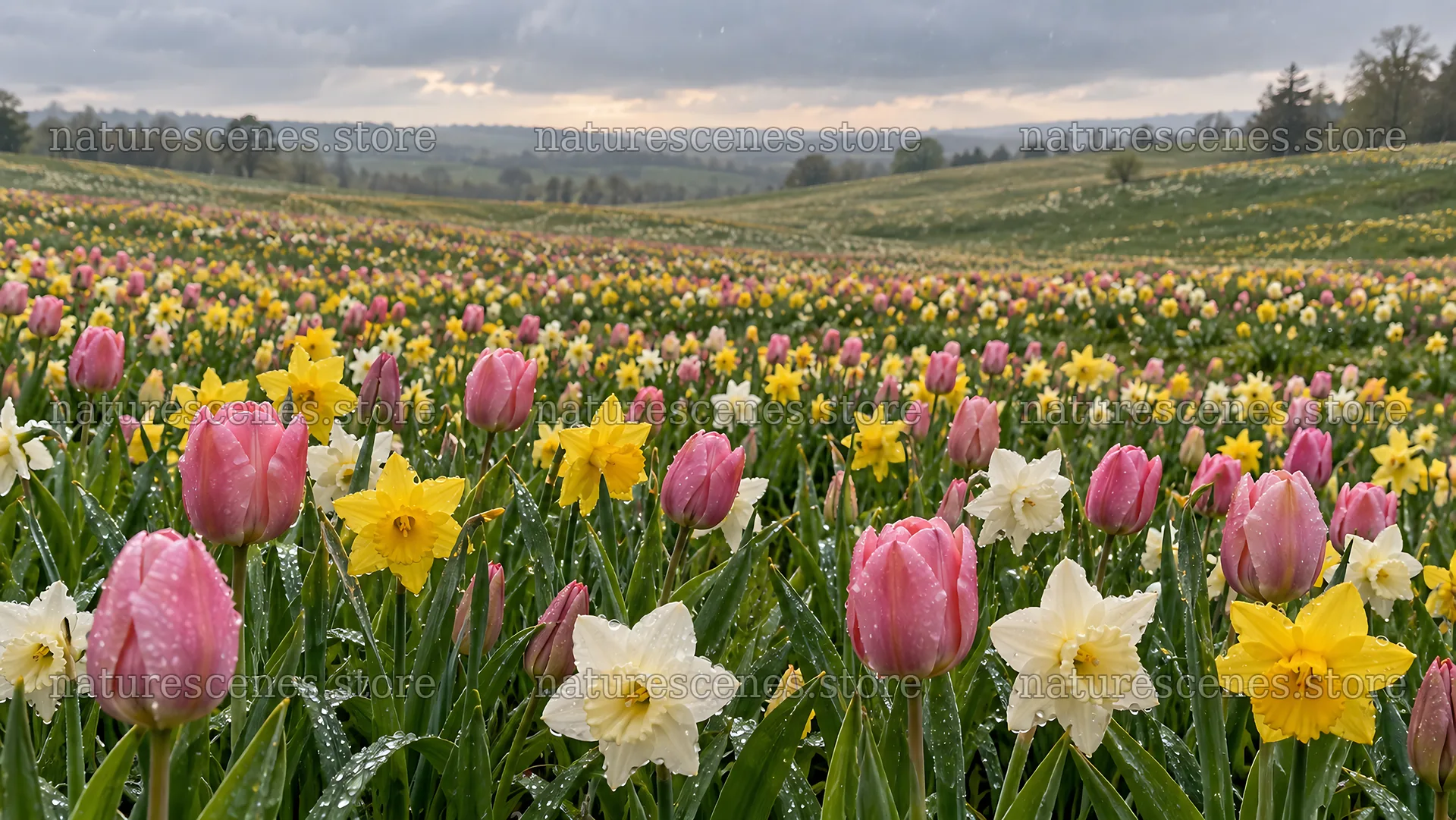 Pink Tulips and Daffodils Across a Spring Meadow – nature scenes 10324x5812