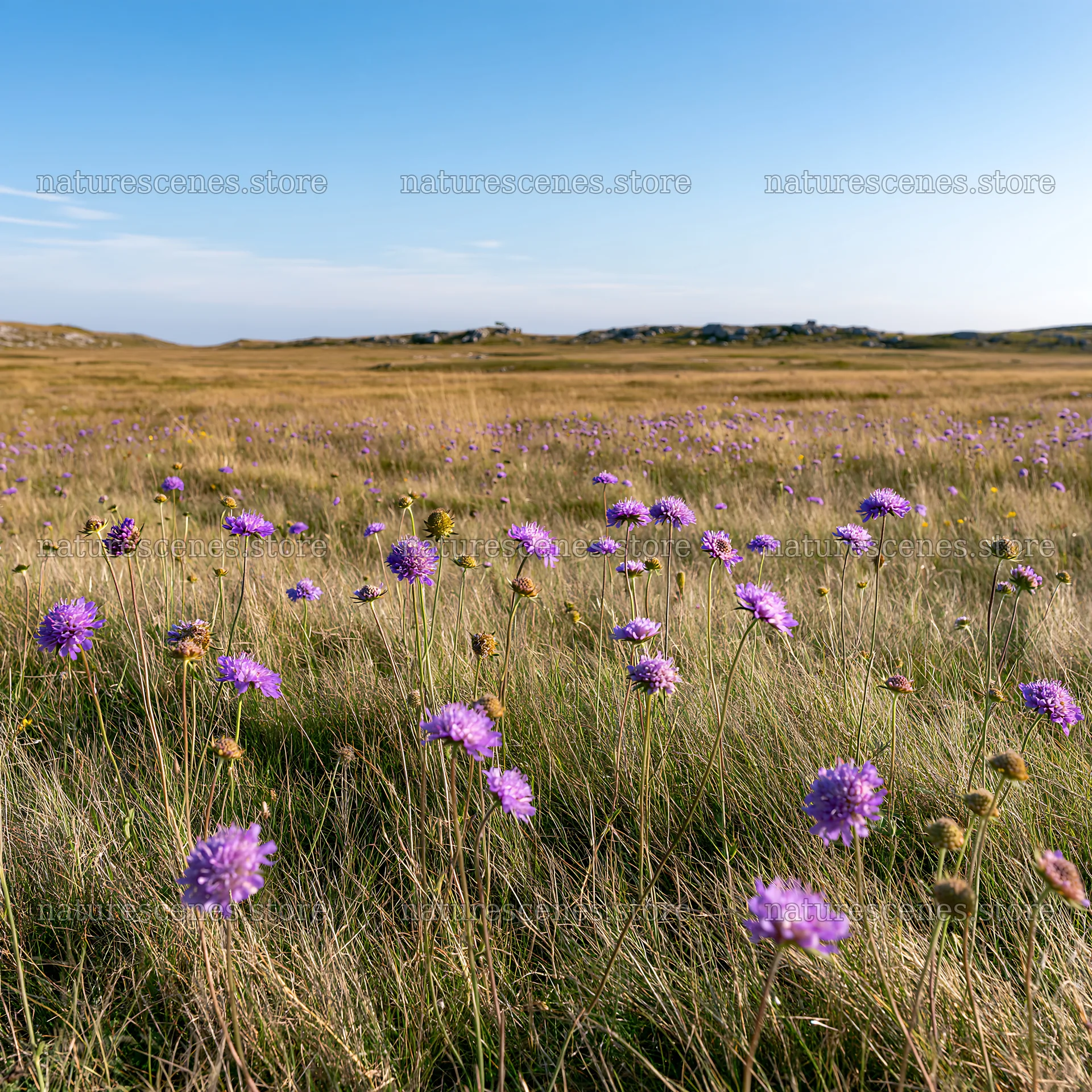 Sunny limestone meadow with purple flowers in a clear sky – nature scenes 7938x7938