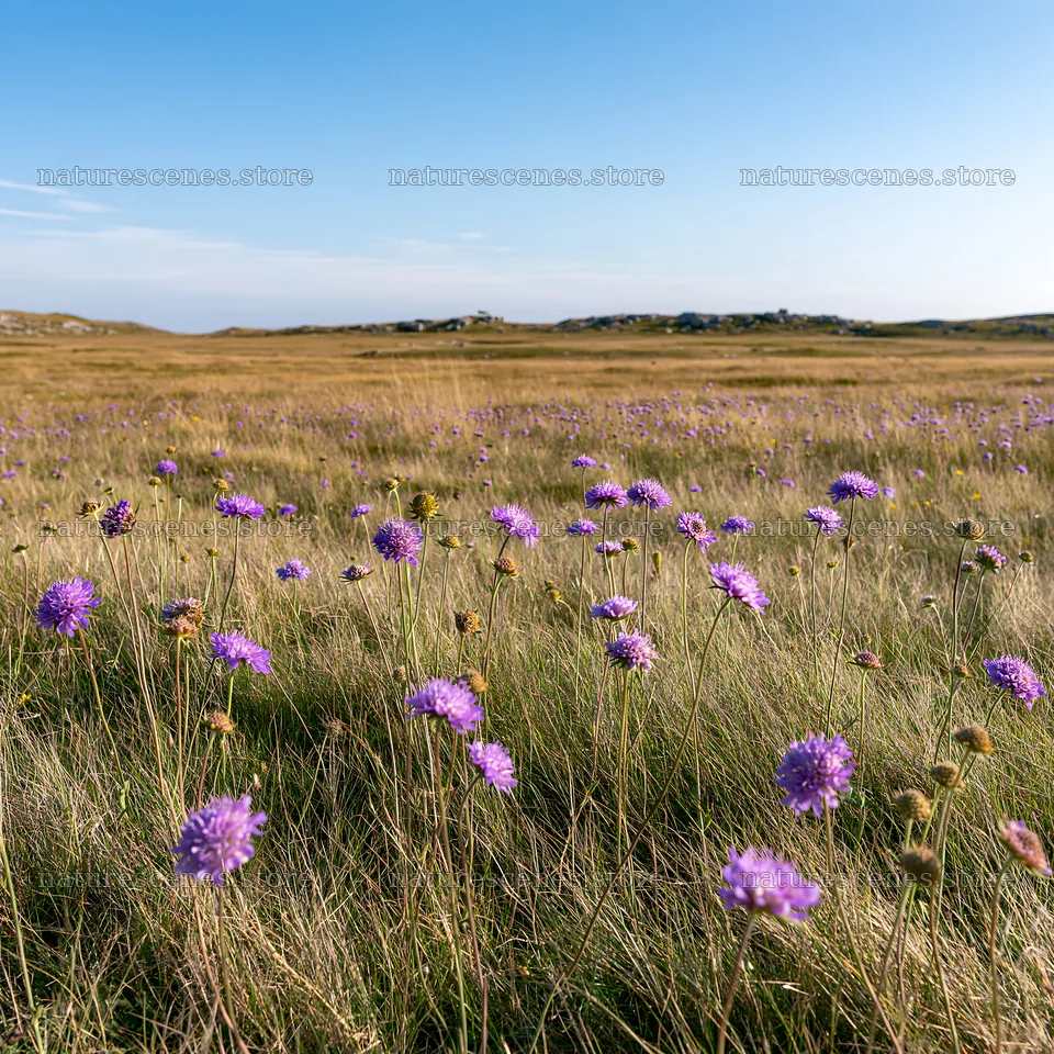 Sunny limestone meadow with purple flowers in a clear sky – nature scenes 7938x7938