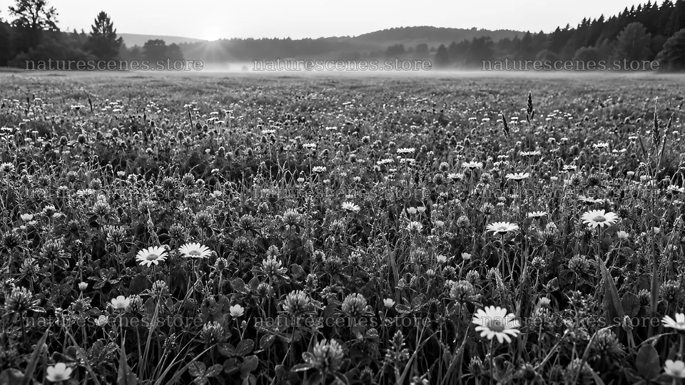 Wildflower Meadow in a Misty Forest Clearing – nature scenes 10324x5812