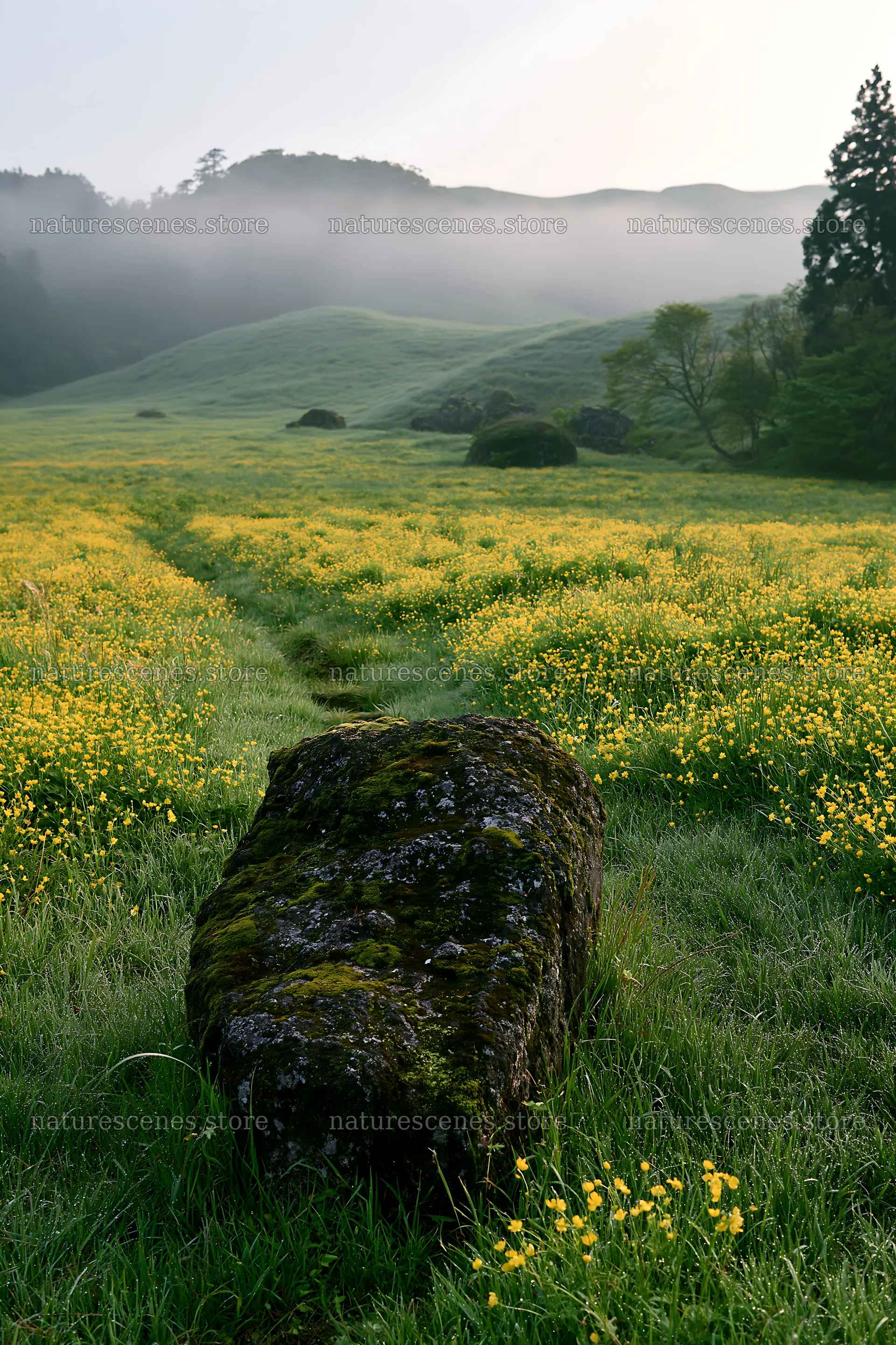 Misty meadow with moss covered stone in Shimane – nature scenes 6480x9722