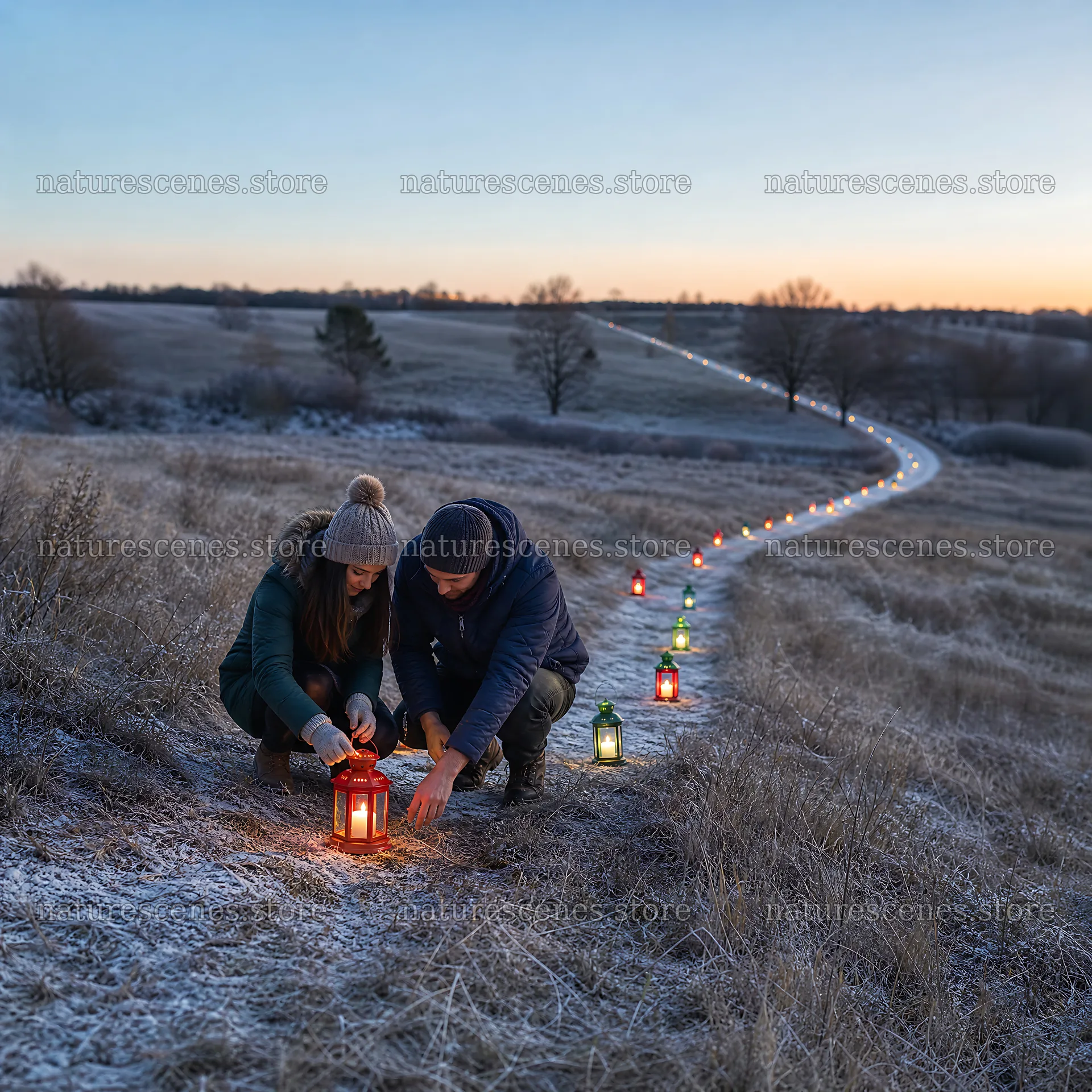 Colorful Christmas lanterns across a meadow at sunset – nature scenes 7938x7938