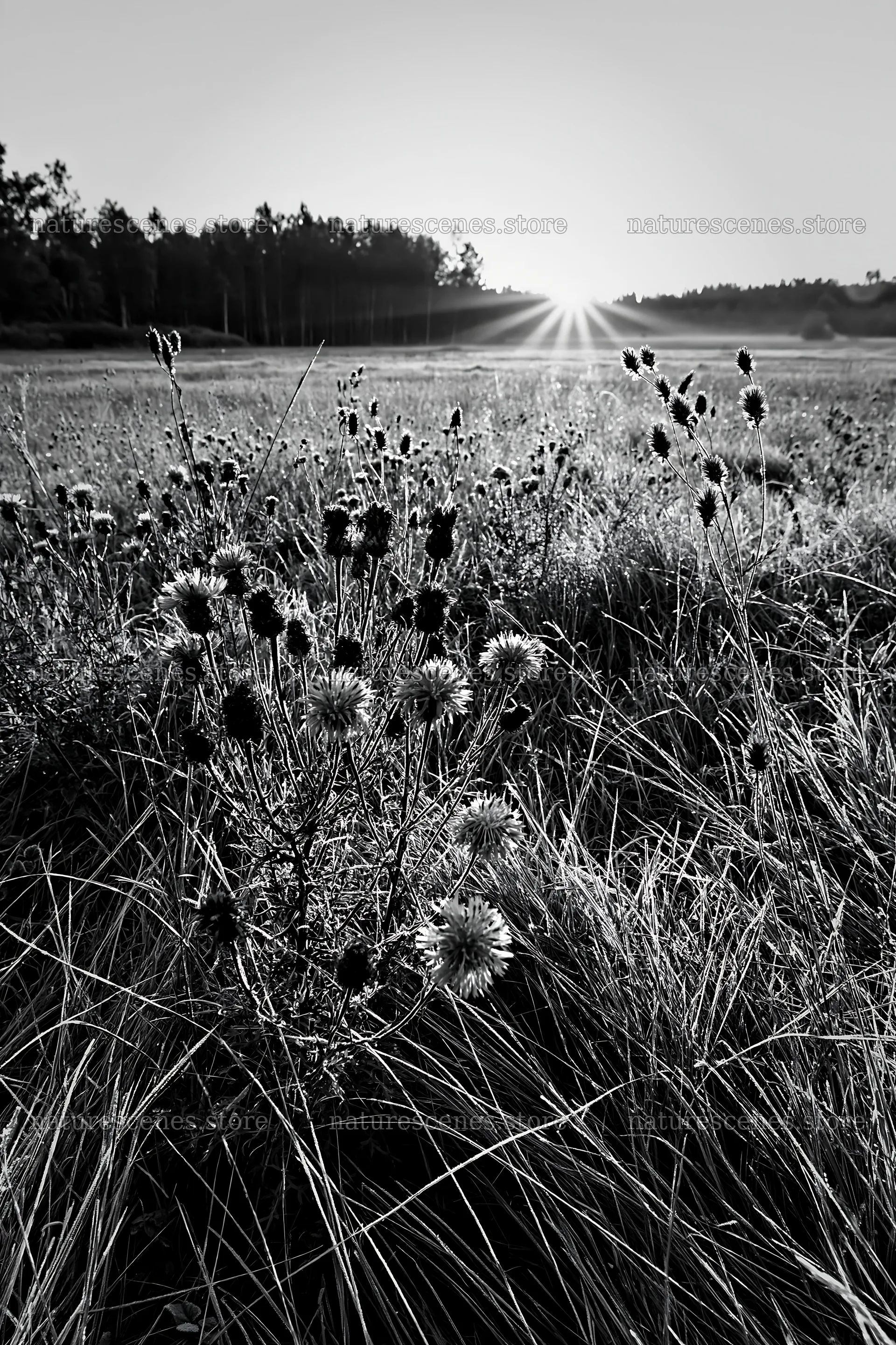 Meadow with knapweed at sunrise in black and white – nature scenes 6480x9722