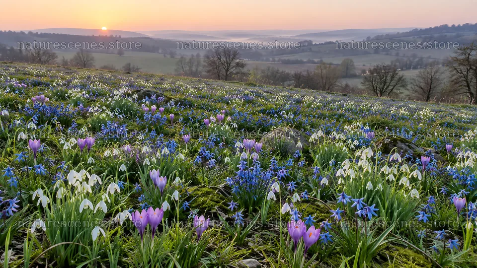 Spring Bulbs in a Meadow at Sunrise – nature scenes 10324x5812
