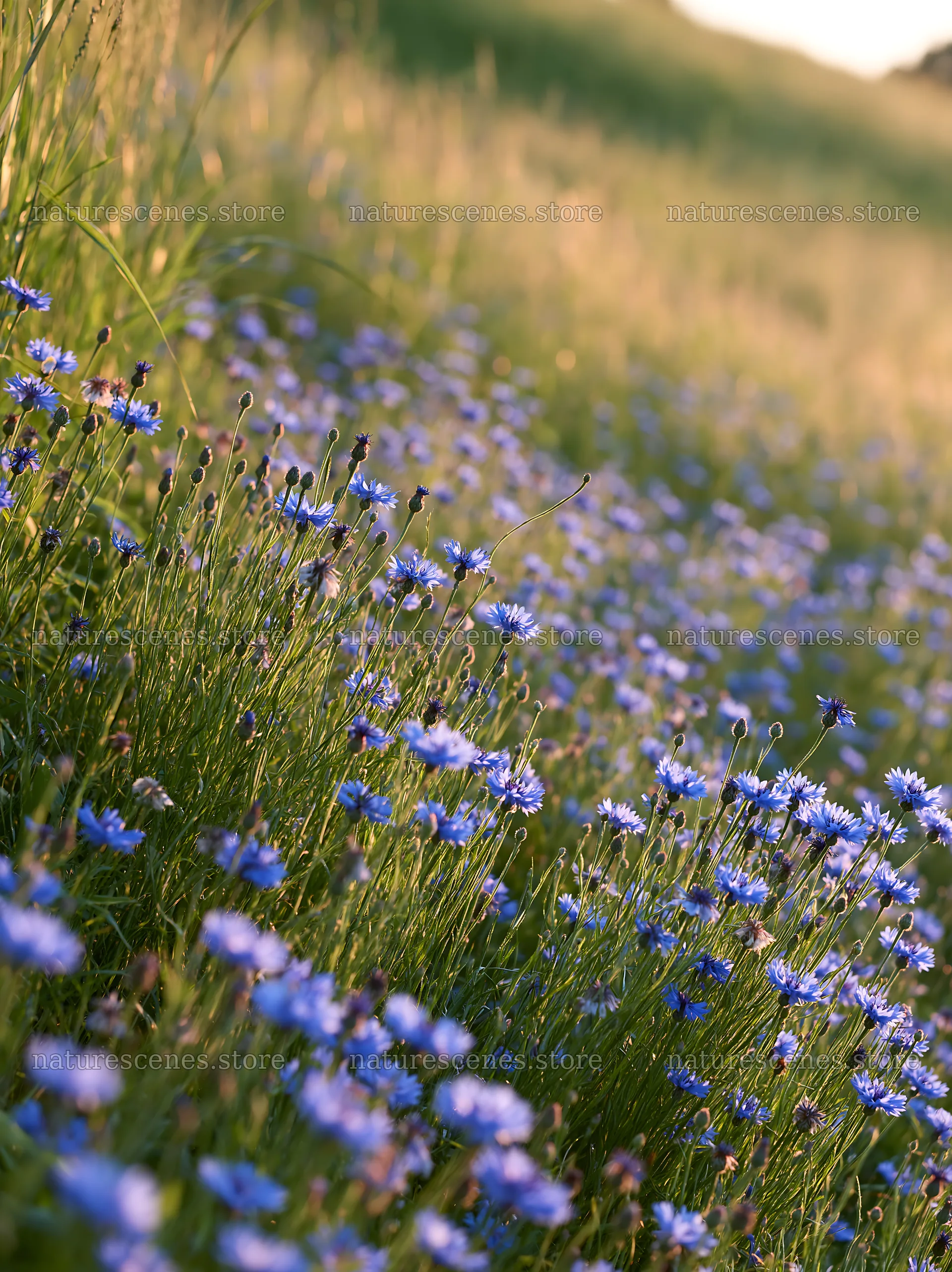 Cornflower meadow with vibrant blooms under soft sunlight – nature scenes 6866x9174