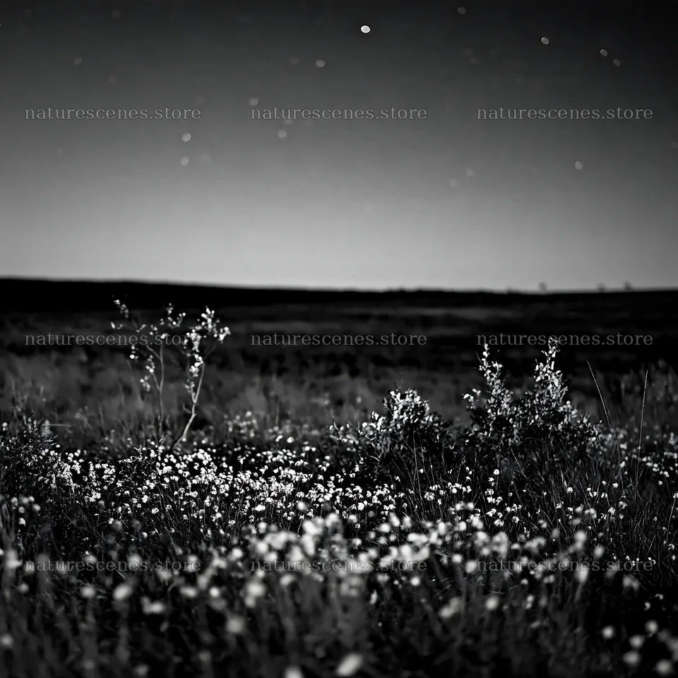 Dark sky over a meadow filled with small white flowers – nature scenes 7938x7938