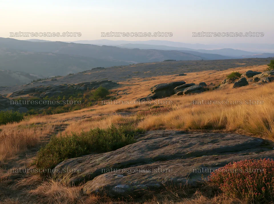 Rewilding meadow with rocks and grass under soft evening light – nature scenes 9174x6866