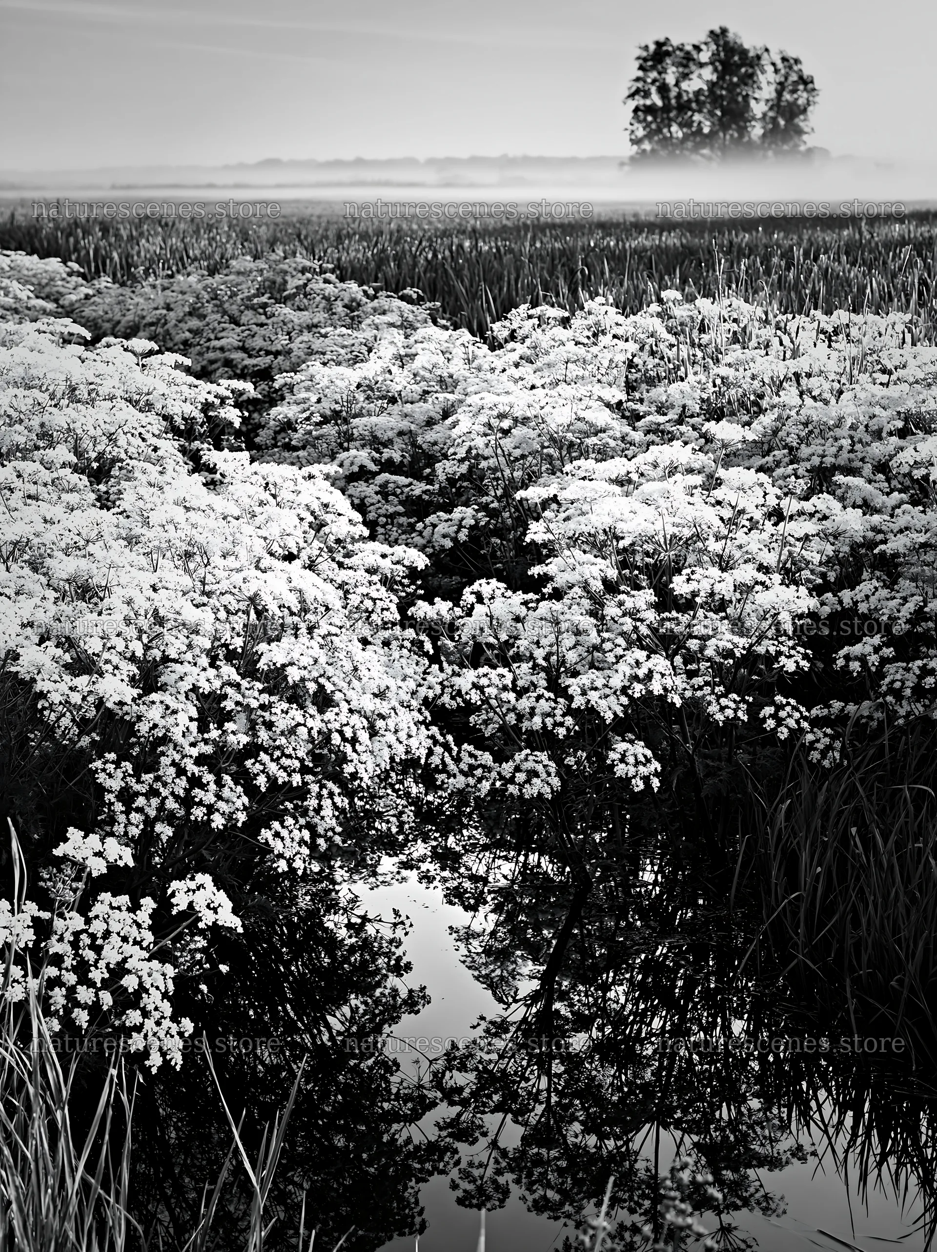 Cow parsley meadow with reflection in calm water – nature scenes 6866x9174