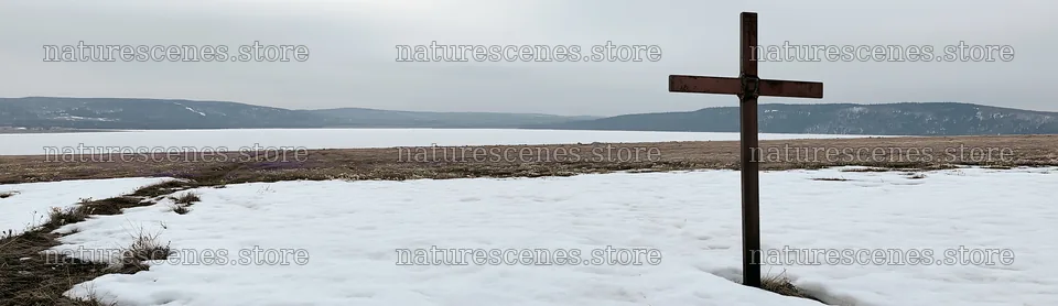 Weathered Christian cross in snowy landscape – nature scenes 14762x4268