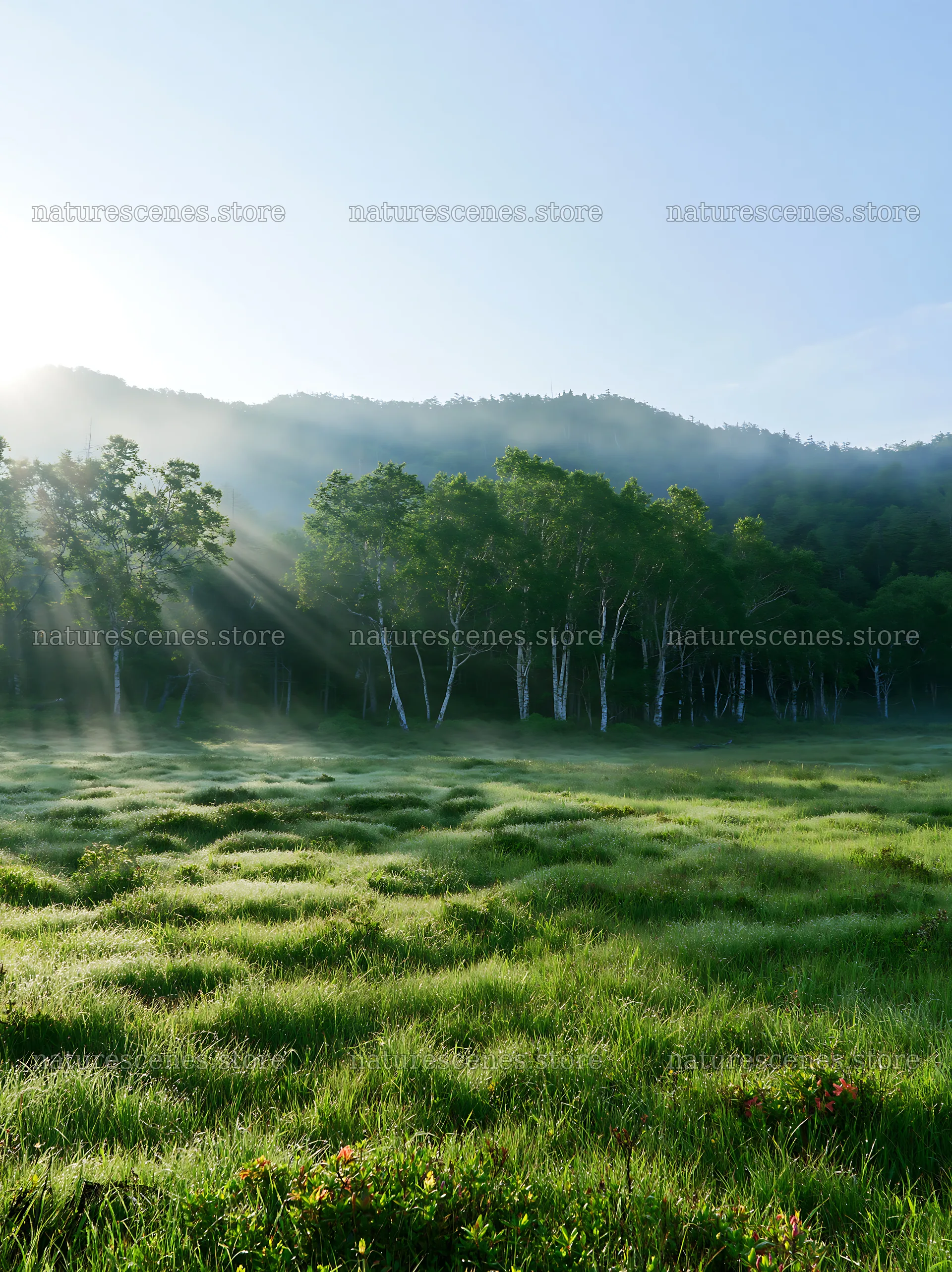 Daisetsuzan alpine meadow light rays shine through trees – nature scenes 6866x9174
