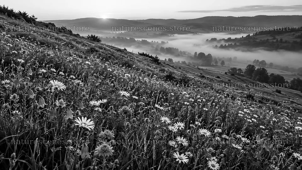 Monochrome Wildflower Meadow Above a Misty Valley – nature scenes 10324x5812