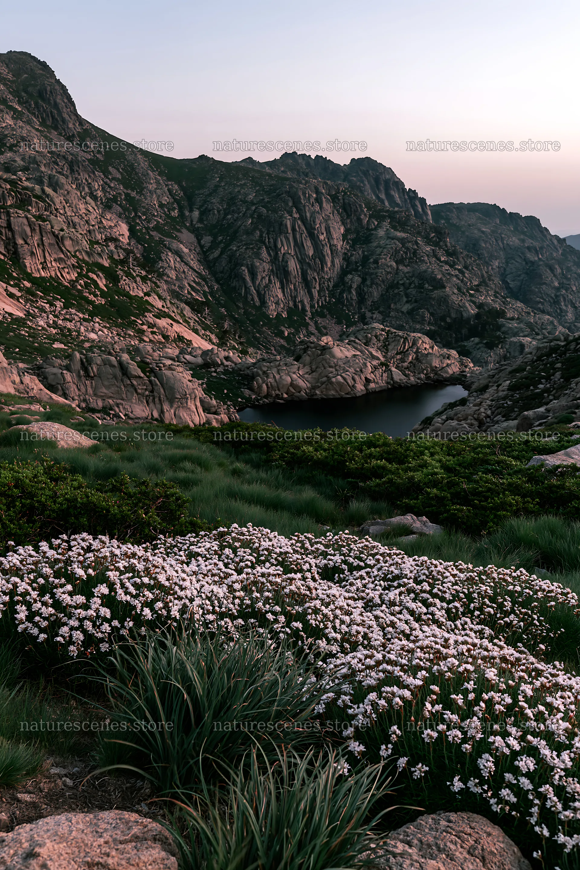 Moonlit meadow with flowers and mountains at dusk – nature scenes 6480x9722