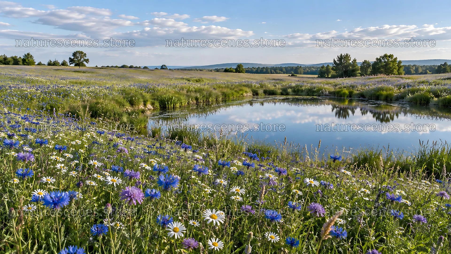 Wildflowers Around a Reflective Meadow Pond – nature scenes 10324x5812