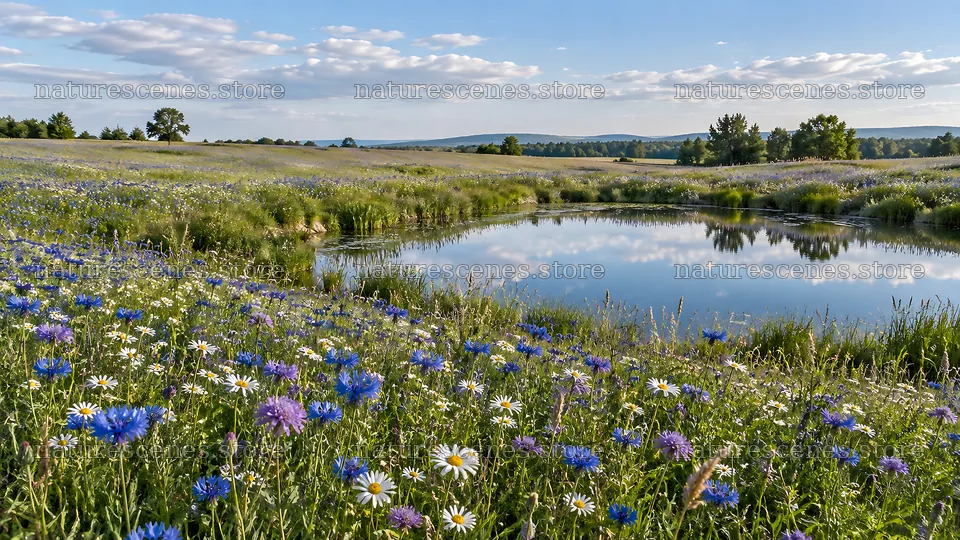 Wildflowers Around a Reflective Meadow Pond – nature scenes 10324x5812