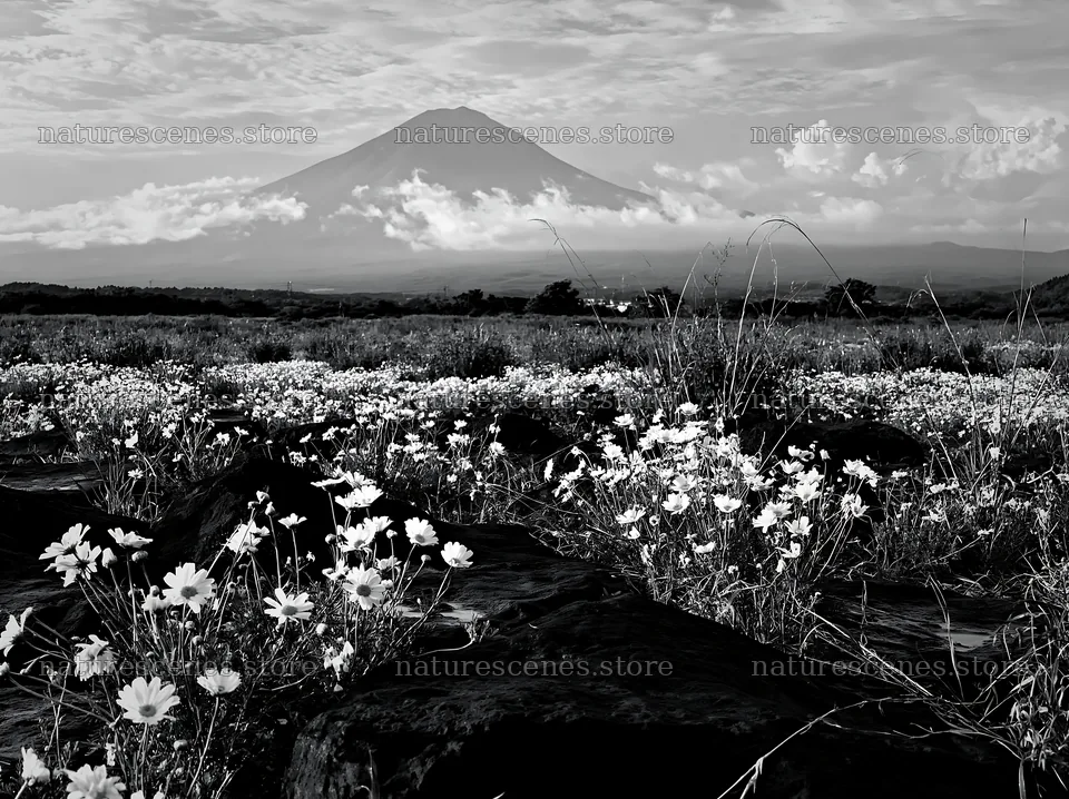 Yamanashi regenerative meadow with basalt stones and flowers – nature scenes 9174x6866
