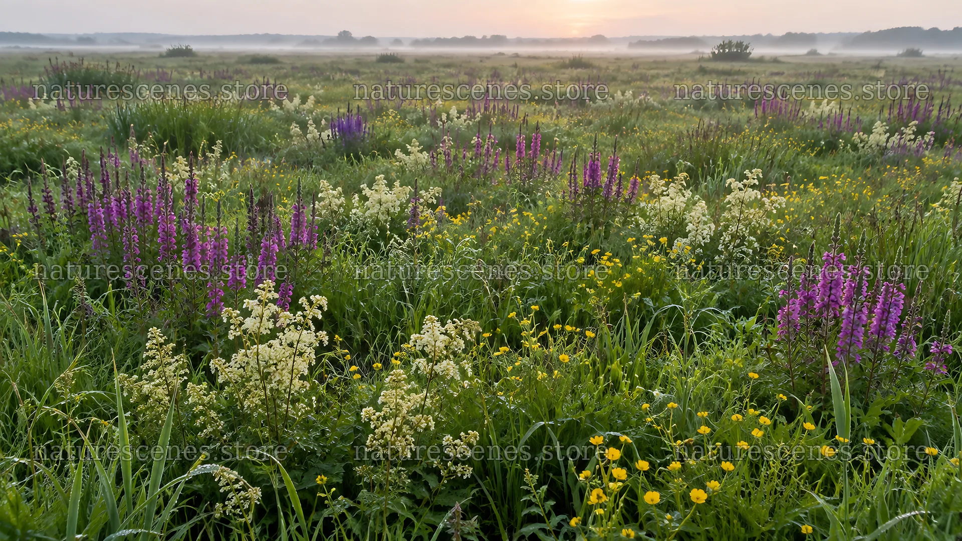Colorful Flower Meadow in Morning Mist – nature scenes 10324x5812