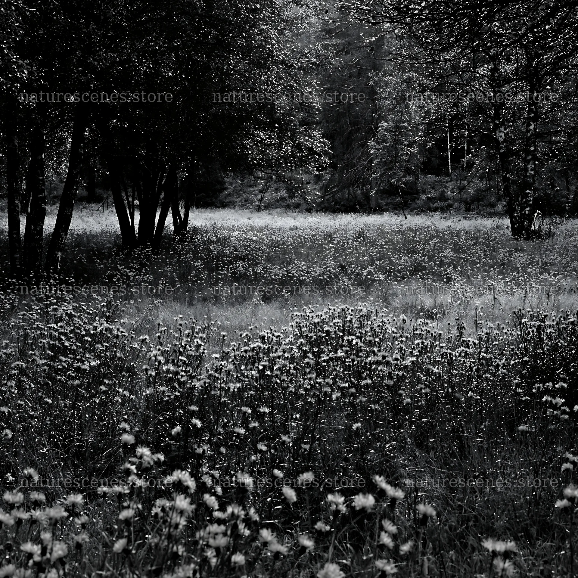 Forest edge meadow with wildflowers in black and white – nature scenes 7938x7938