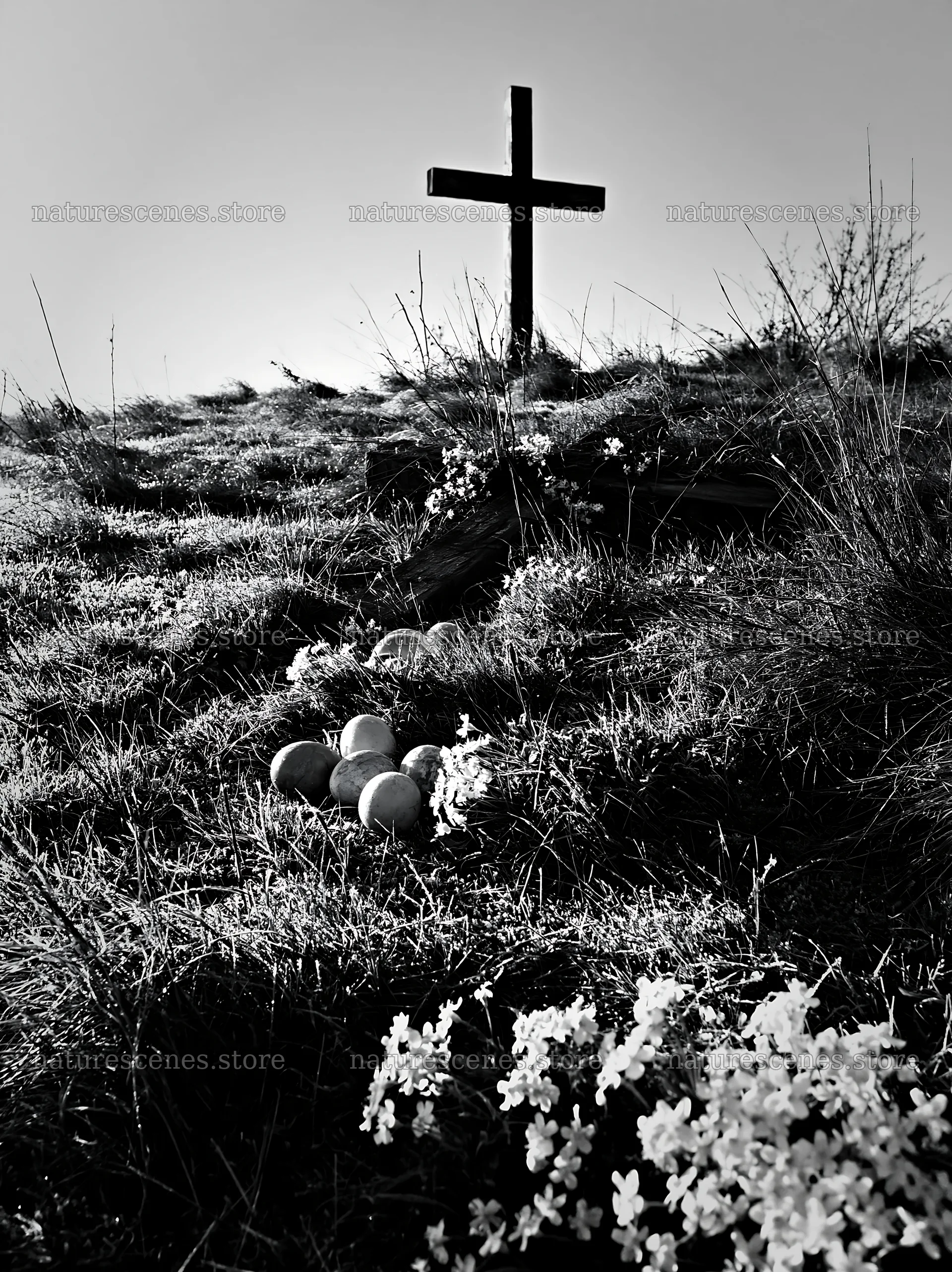 Christian cross in frost-covered meadow – nature scenes 6866x9174